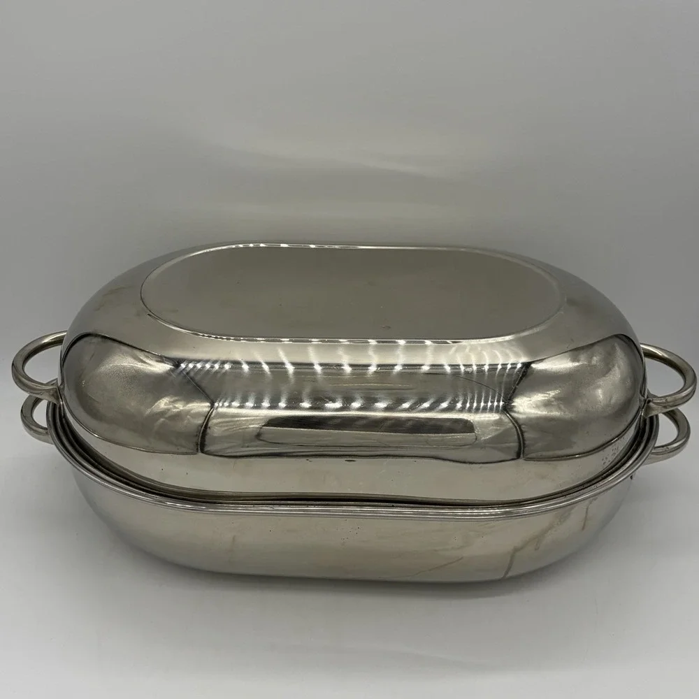 Vintage Revere Ware Roaster Pan #2504 w/ Rack Stainless Steel Korea 3-Piece